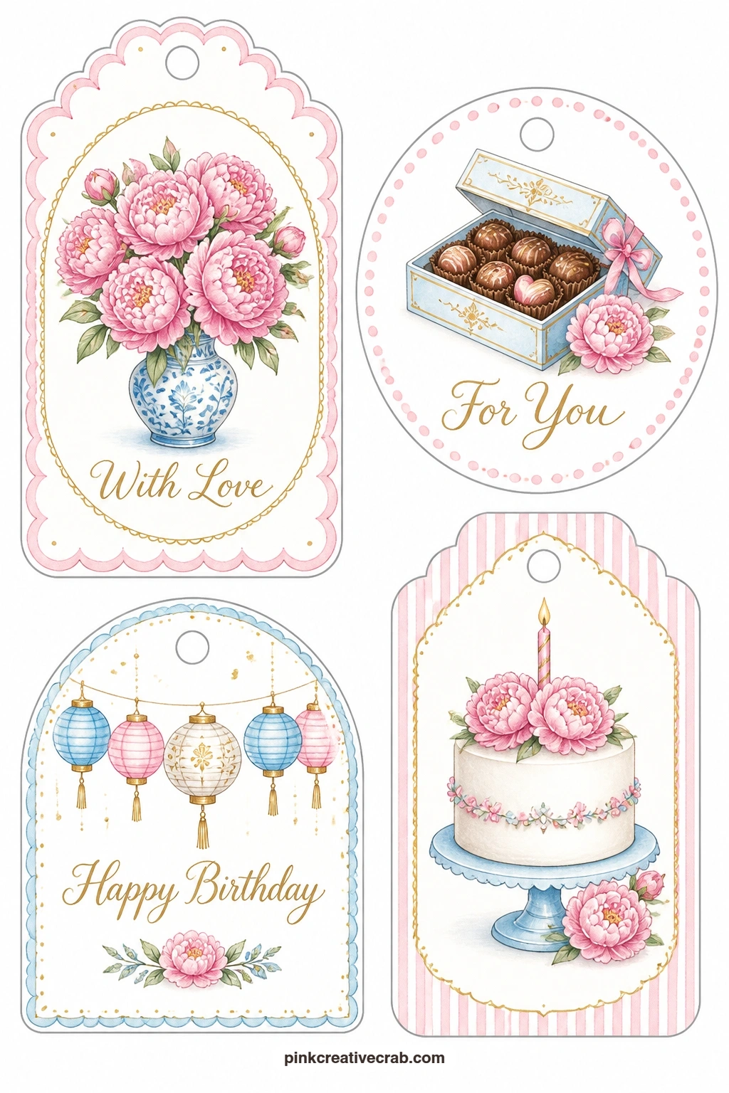Peonies and Paper Lanterns printable page — A luggage tag with a full vase of peonies, a round tag with a small box of chocolates and an arched tag strung with