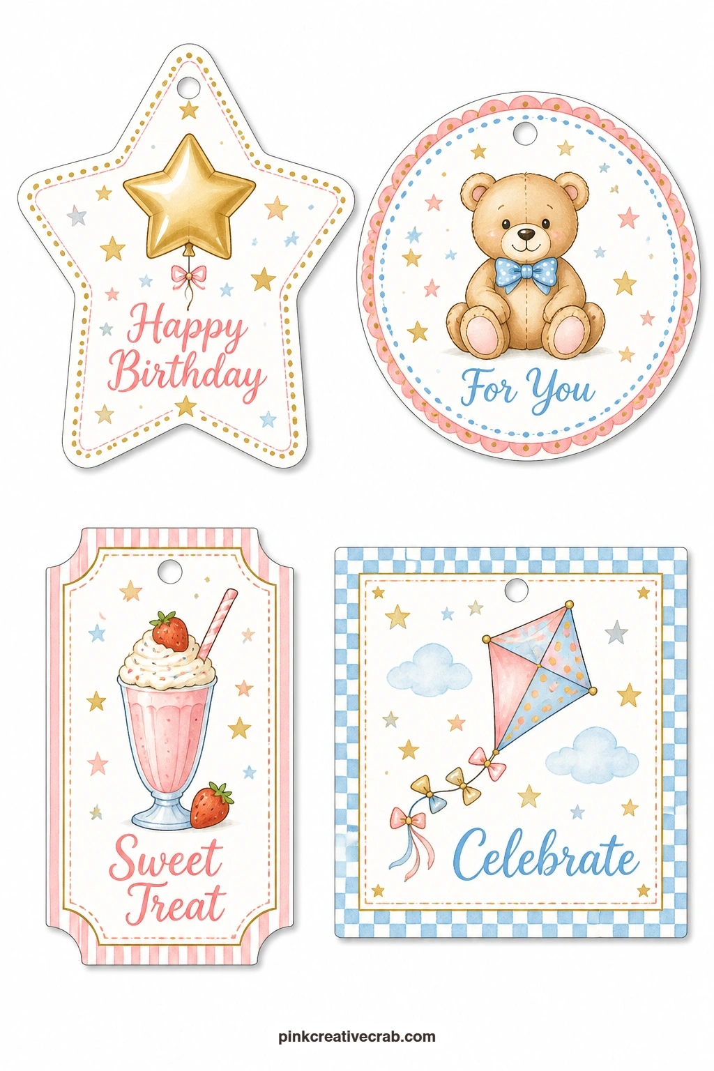 Gold Stars and Kites printable page — A star tag with a gold star-shaped balloon, a round tag with a teddy bear, a ticket label with a strawberry milkshake and