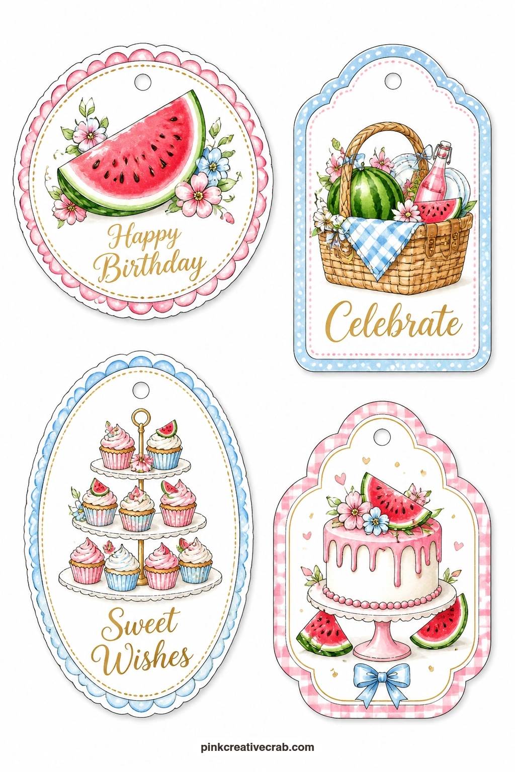 Watermelon Picnic Tags printable page — A round tag with a juicy watermelon slice, a luggage tag with a packed picnic basket and an oval tag with a tiered