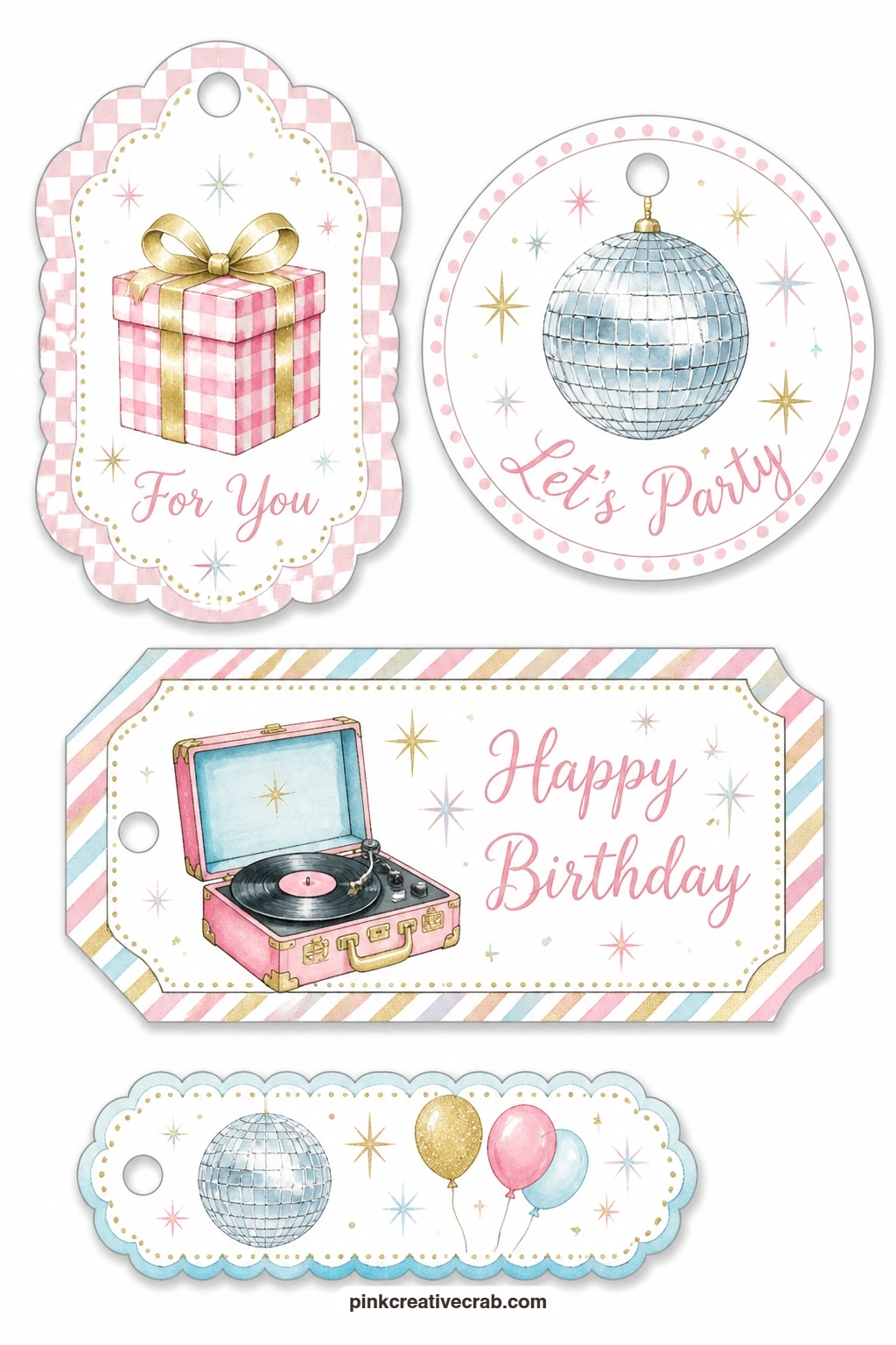 Disco Ball and Record Player printable page — A scalloped tag with a gingham-wrapped present, a round tag with a glittering disco ball and a rectangular label