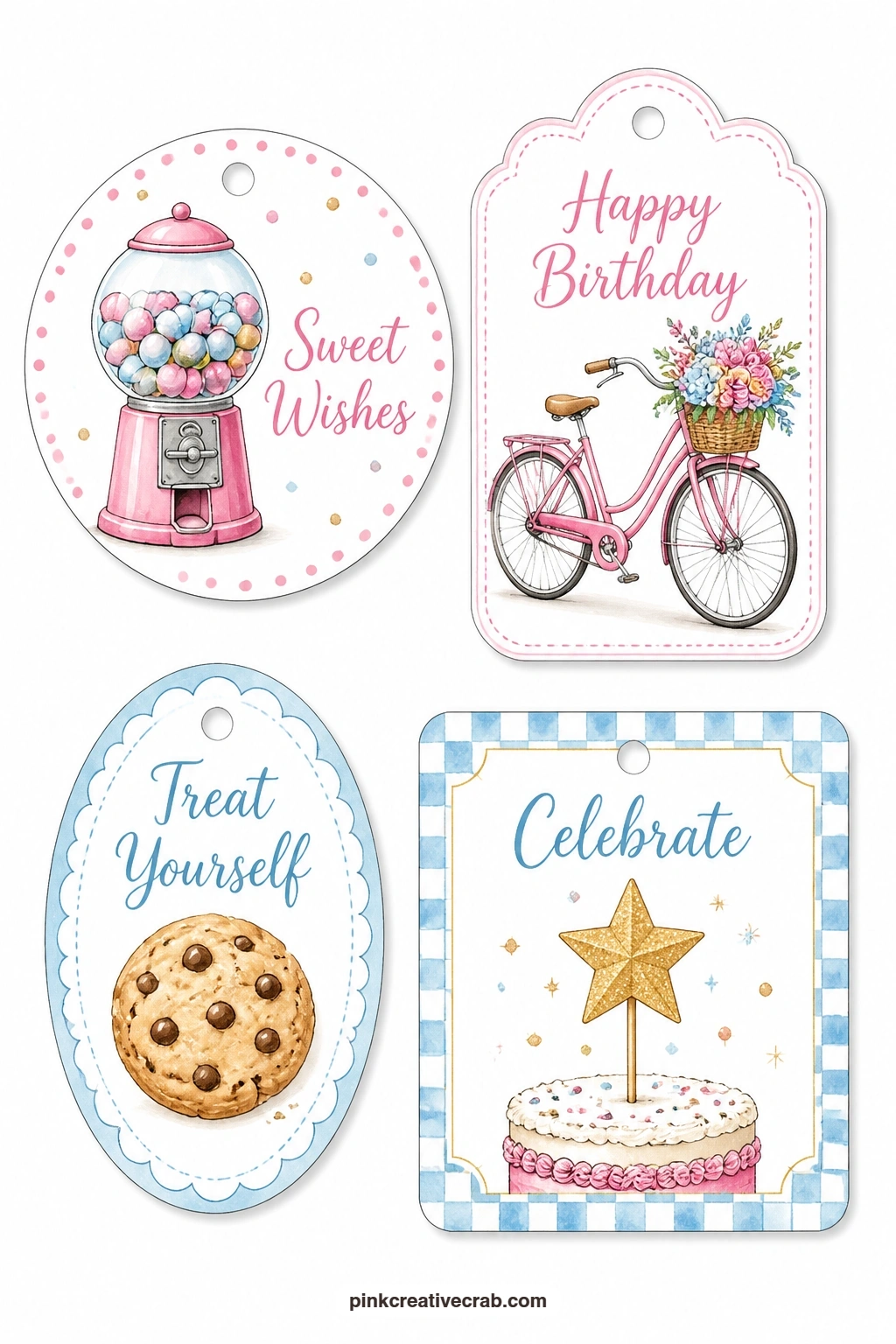 Gumball Machine and Pink Bicycle printable page — A round tag with a gumball machine, a luggage tag with a pink bicycle carrying a basket, an oval tag with a