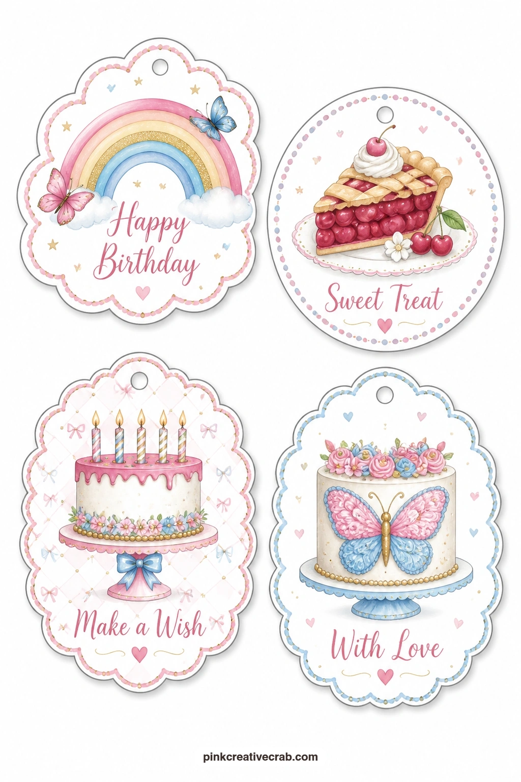Rainbow and Butterfly Cake printable page — A cloud-shaped tag with an arched rainbow, a round tag with a slice of cherry pie and a scalloped tag with a cake