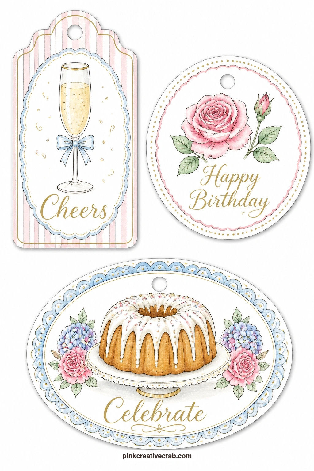 Champagne and Bundt Cake printable page — A luggage tag with a filled champagne glass, a round tag with a single open rose and an oval tag with an iced bundt