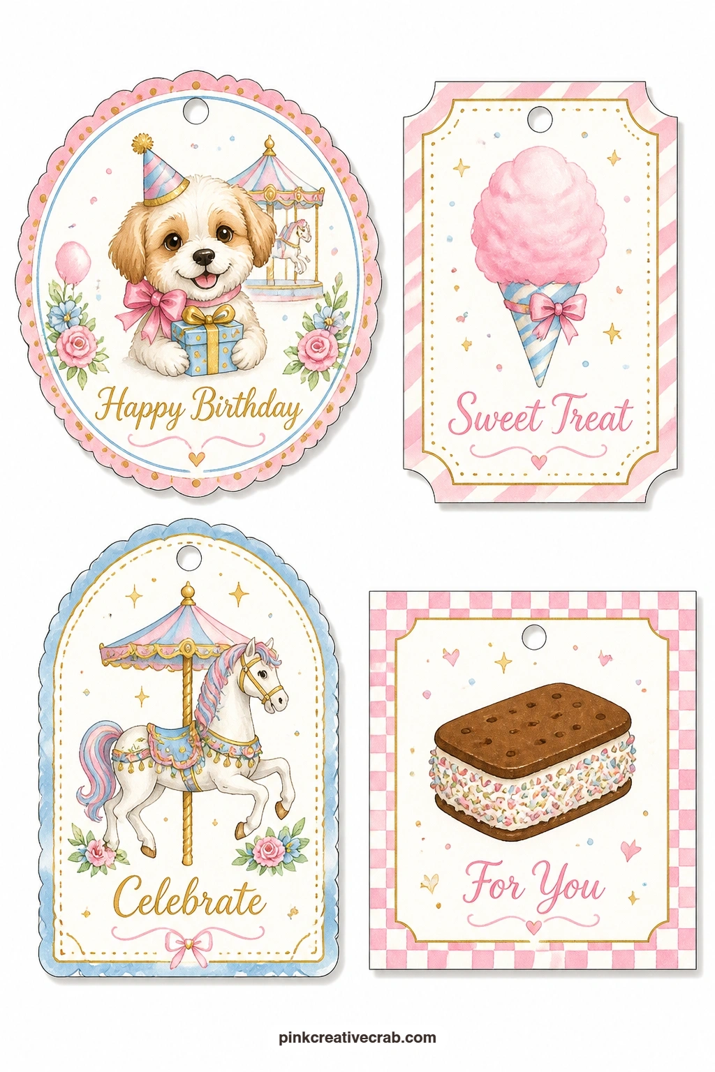 Carousel and Cotton Candy Tags printable page — Closing the set is a round tag with a puppy holding a small gift, a ticket label with a cotton candy cone, an