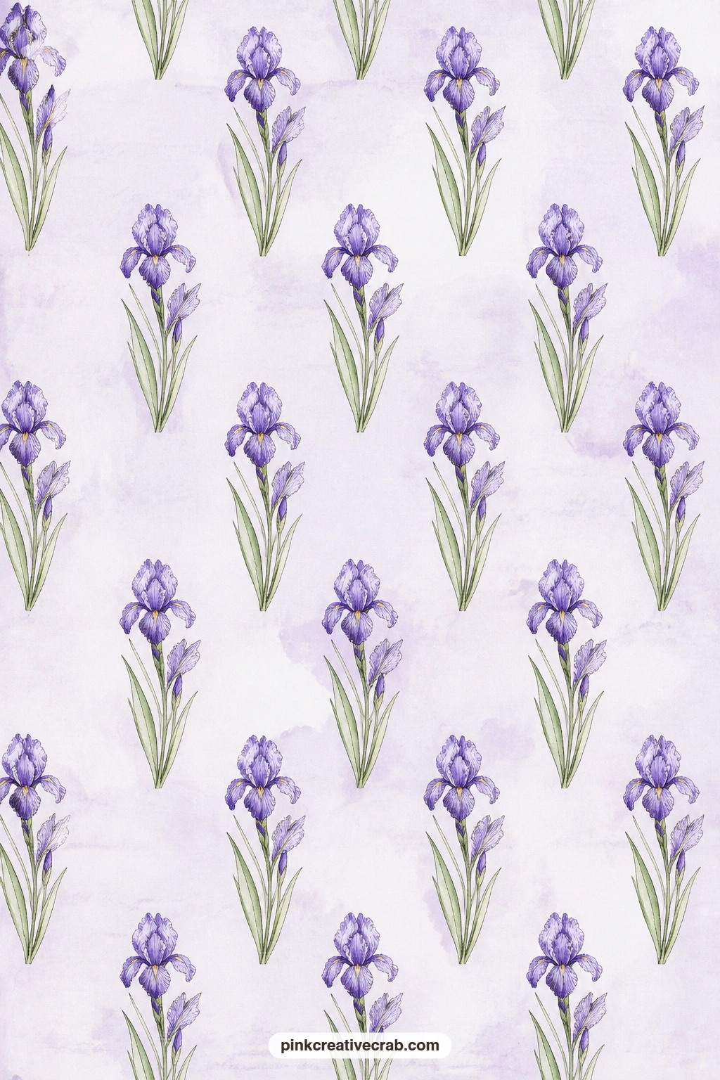 Iris Half-Drop Paper printable page — Iris flowers set in a half-drop repeat give this one a slightly more formal rhythm, ideal as a book cover or folio wrap