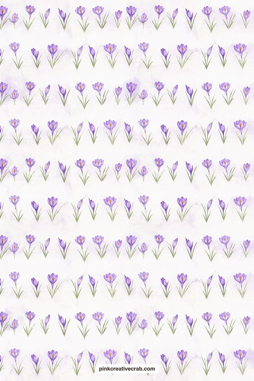 Purple Crocus Row Paper printable page — Small crocuses lined up in tidy rows work as a card mat behind a diorama cut of a garden gate or a tiny watering can.
