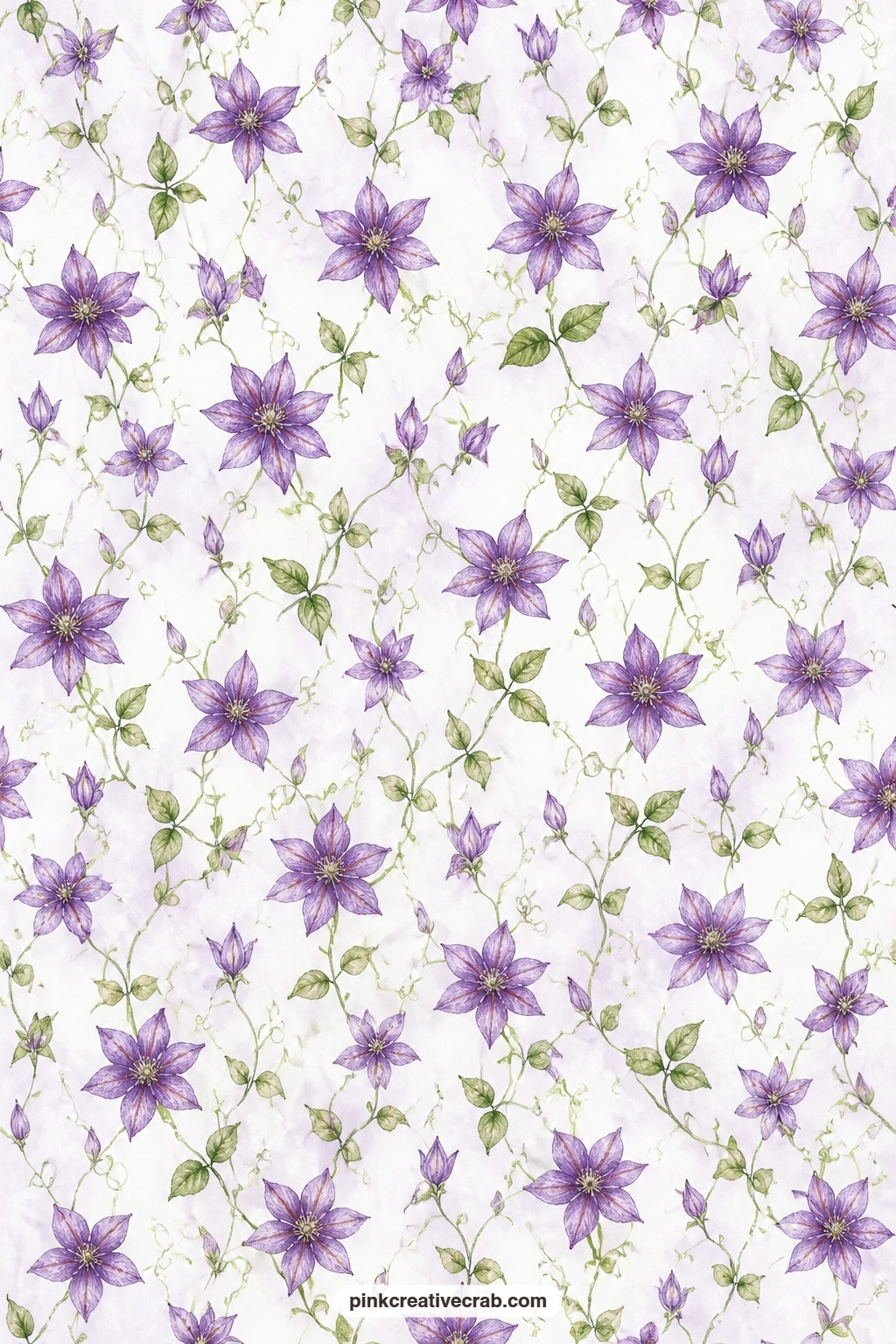 Purple Clematis Vine Paper printable page — Clematis vines climb across this sheet in a continuous trail, nice for wrapping a small gift when you want the