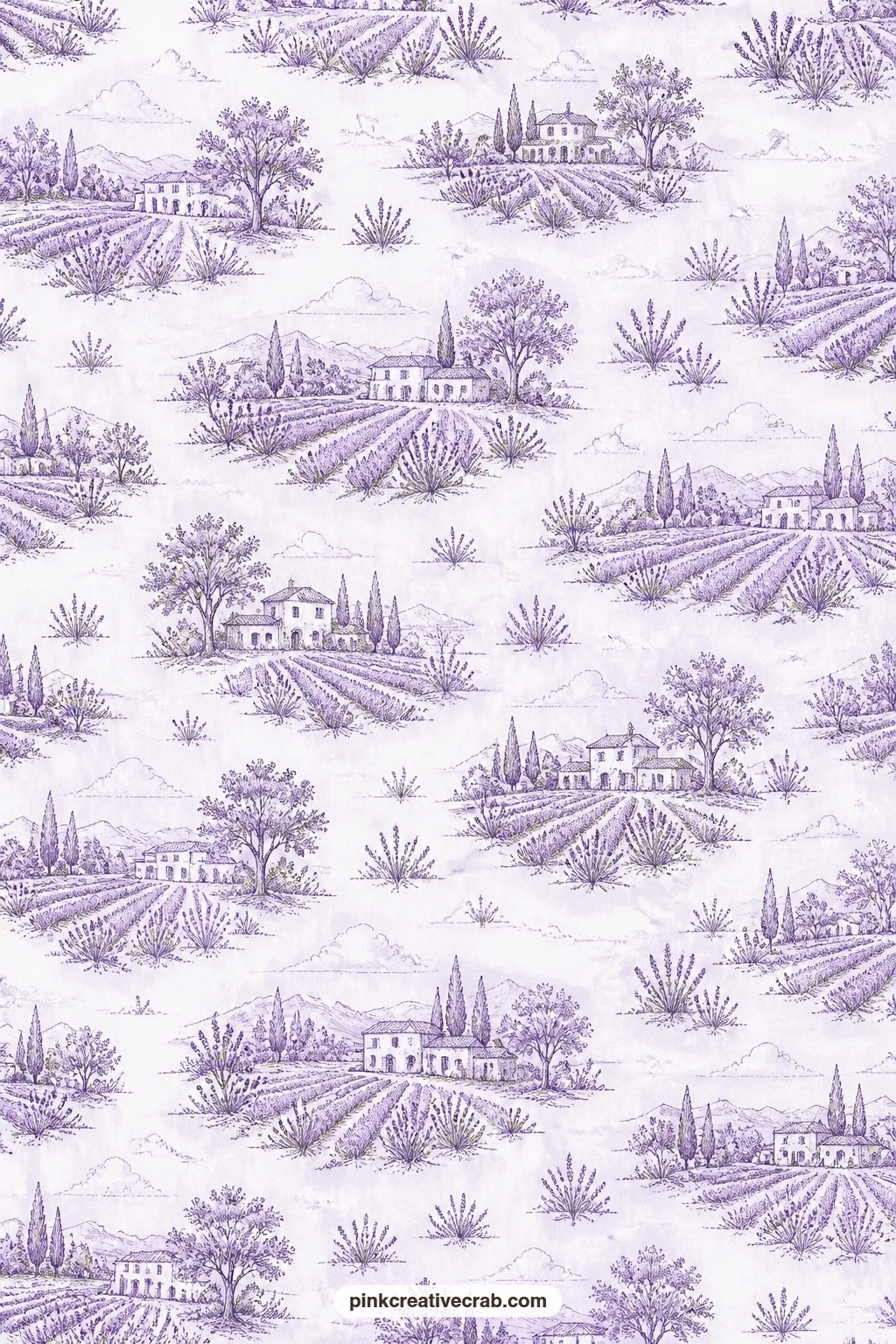 Lavender Field Toile Paper printable page — Rolling lavender fields and small farmhouses print in a classic toile style, best used as a card mat where a single