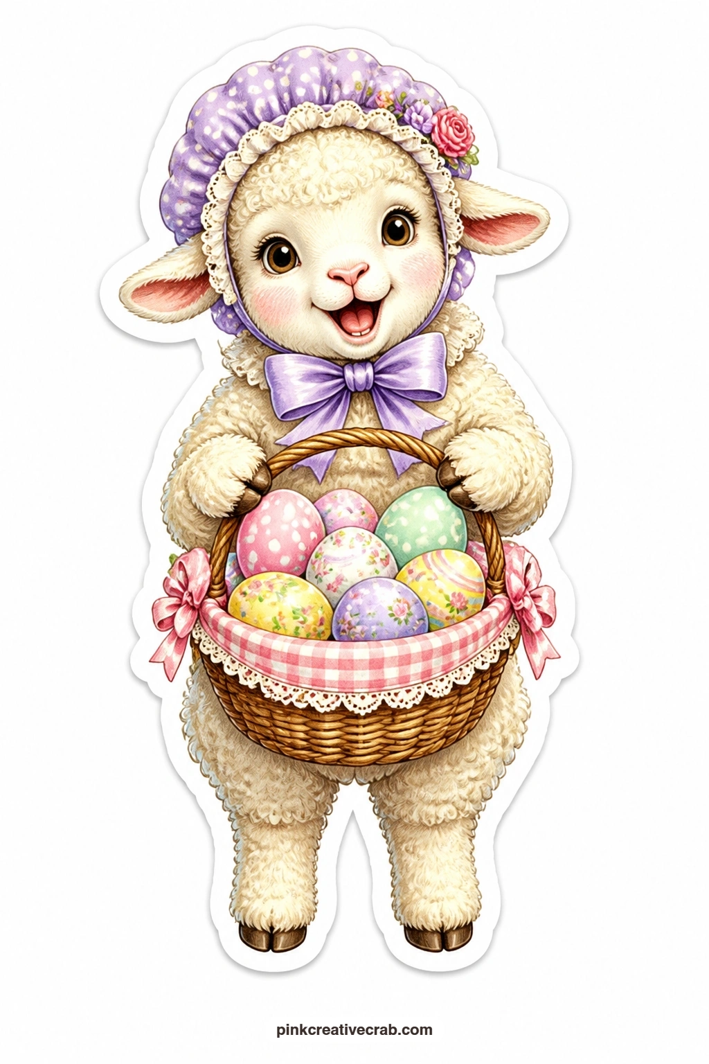 The Bonnet Lamb printable page — Perfect for a card to an Easter host or a grandchild who loves anything fluffy, this delighted lamb wears a pastel bonnet and