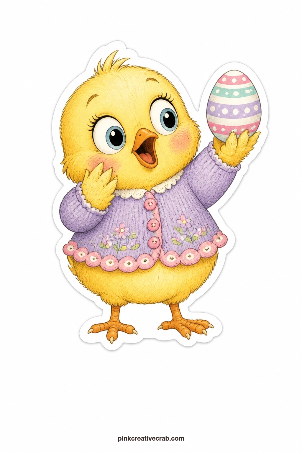 The Amazed Chick printable page — A tiny chick in a soft knitted cardigan stares wide eyed at a painted egg held up in both wings, perfect for a card that says