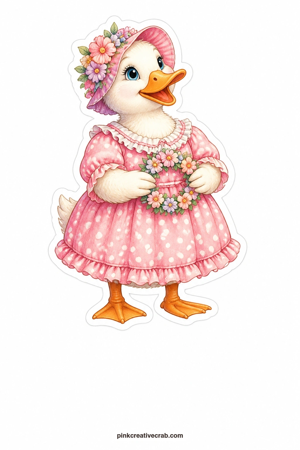 Mrs Duck's Flower Crown printable page — Write a cheery line next to this proud duck about dressing up for the occasion, something about best feathers forward