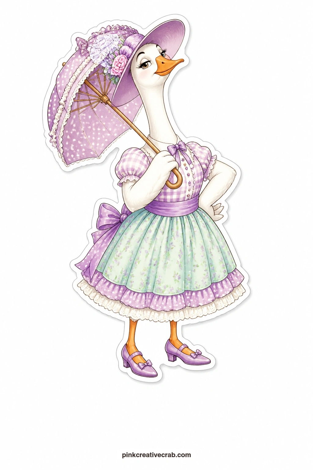 The Sassy Goose With a Parasol printable page — A goose in a lilac hat strikes a sassy pose under a tiny parasol, one wing on her hip, a doll with real