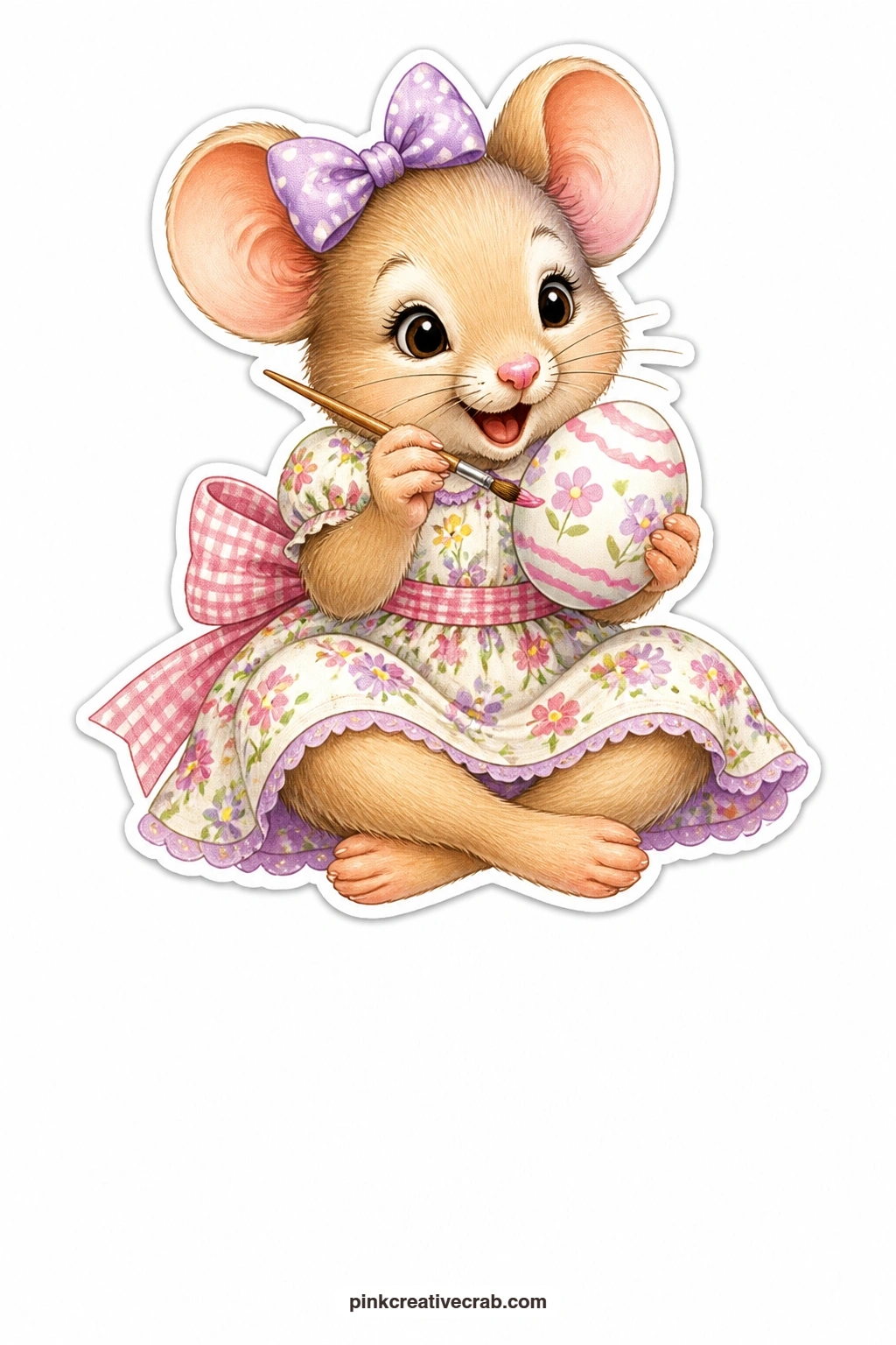 The Egg Painting Mouse printable page — This giggling little mouse in a spring dress sits with a tiny brush, dabbing colour onto an egg balanced between her