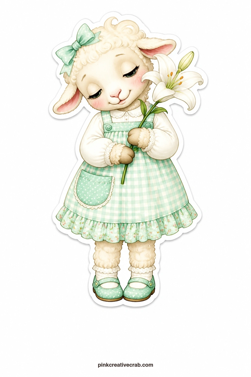 The Sleepy Lily Lamb printable page — Eyes half closed and head tipped gently to one side, this lamb in a mint pinafore holds a single white lily, a quiet doll