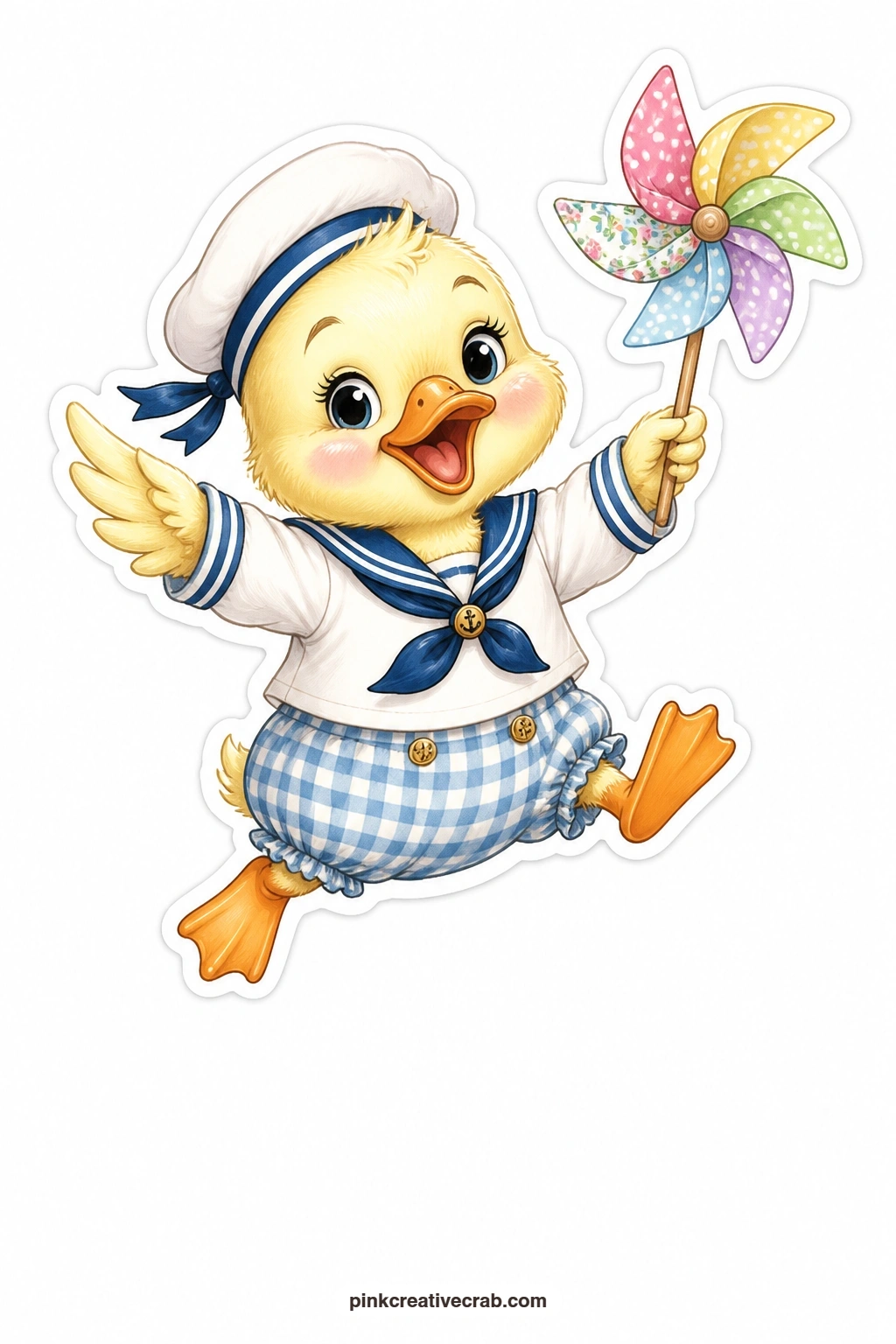 The Excited Sailor Duckling printable page — This duckling cannot stand still, caught mid bounce in a little sailor suit with a pinwheel spinning overhead