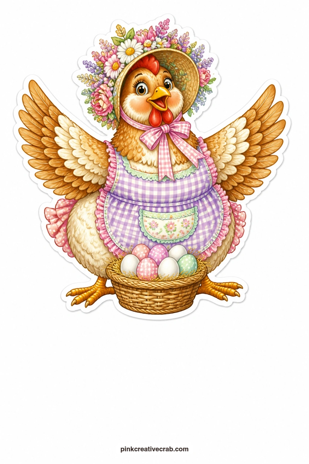 The Proud Hen Guarding Eggs printable page — Wings spread protectively over a basket at her feet, this hen in an Easter bonnet looks ready to defend her eggs