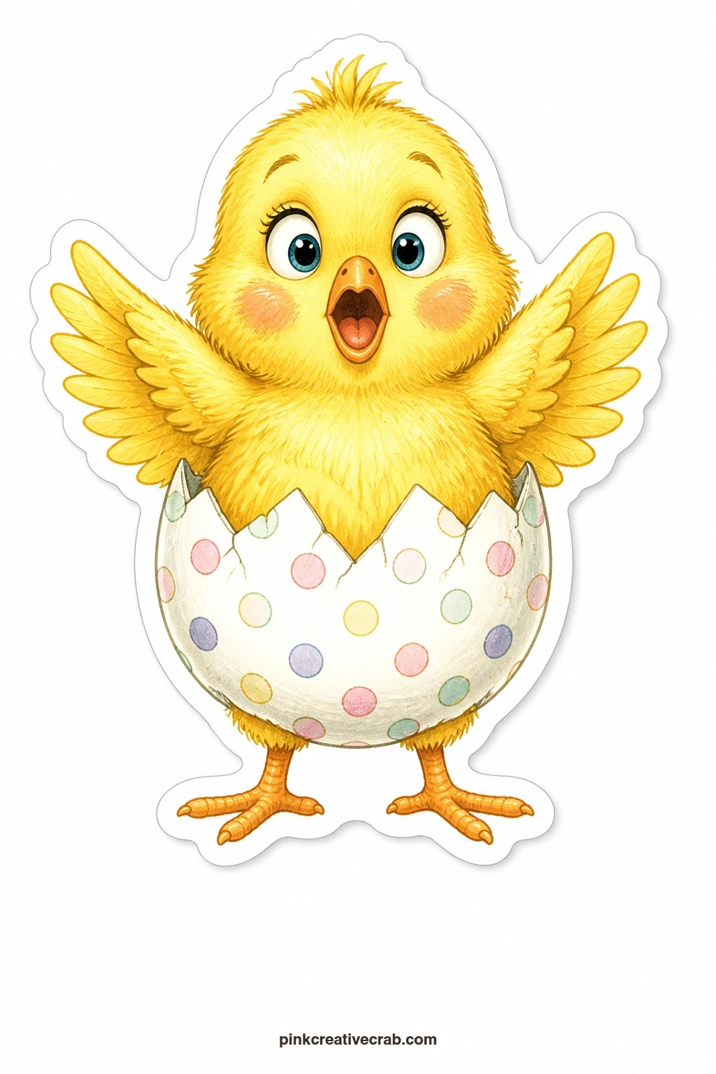 The Surprised Eggshell Chick printable page — A chick in an eggshell skirt throws its wings wide in total surprise, the perfect doll to cut out and pop onto a