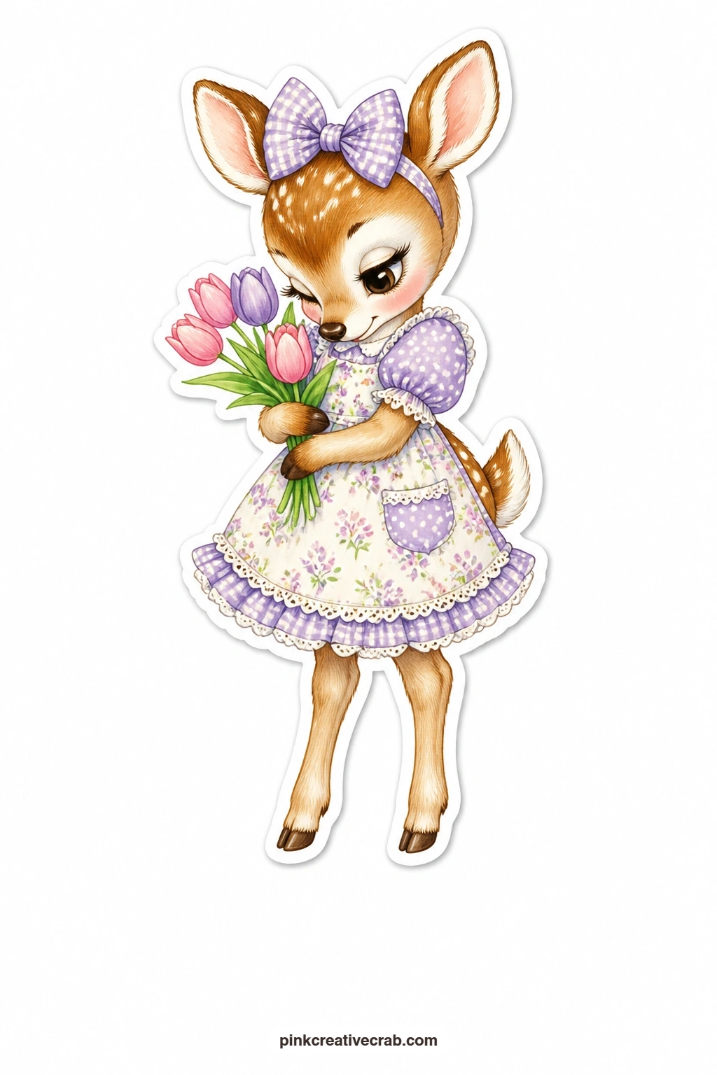 The Shy Fawn With Tulips printable page — This shy little fawn in a floral smock holds a bundle of tulips low, peeking out from under long lashes, a gentle