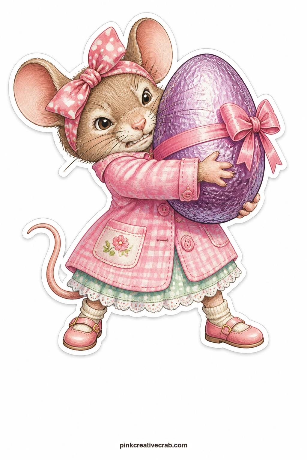 The Determined Chocolate Egg Mouse printable page — Jaw set and arms wrapped tight around a chocolate egg bigger than her whole body, this determined mouse in