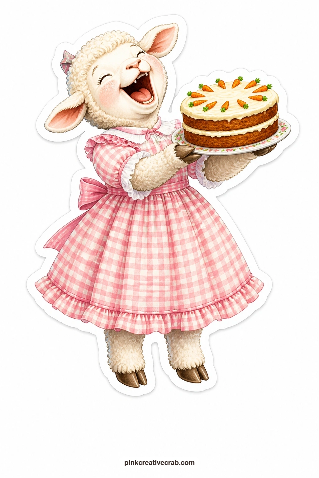 The Laughing Gingham Lamb printable page — Head thrown back in a real laugh, this lamb in a gingham dress holds up a carrot cake with both hooves, a cheerful