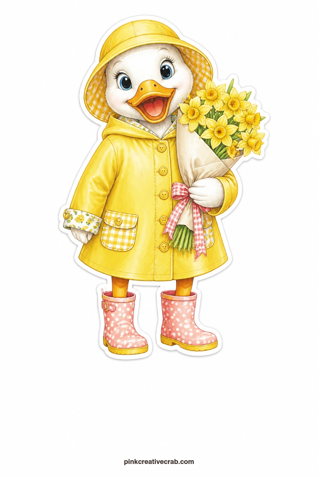 The Delighted Duck in a Raincoat printable page — Clutching a bunch of fresh daffodils with a bright delighted grin, this duck in a yellow raincoat suits any