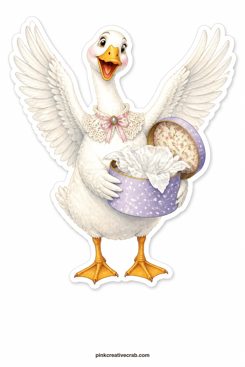 The Overjoyed Lace Collar Goose printable page — Arms flung up and eyes shining, this goose in a lace collar is overjoyed over a hat box she has just opened, a