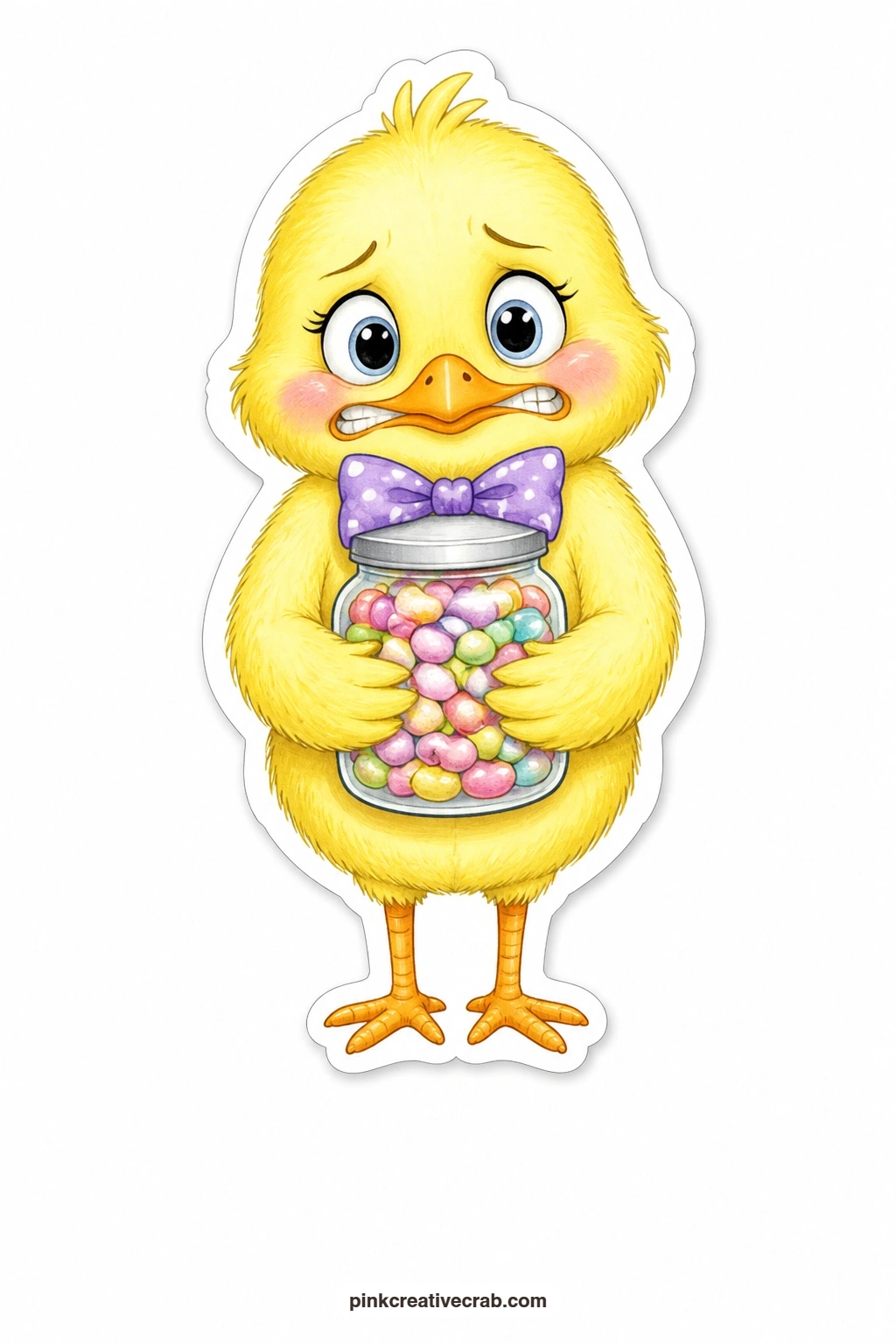 The Nervous Jelly Bean Chick printable page — A small chick in a neat bow tie clutches a jar of jelly beans with a nervous little grimace, as if worried