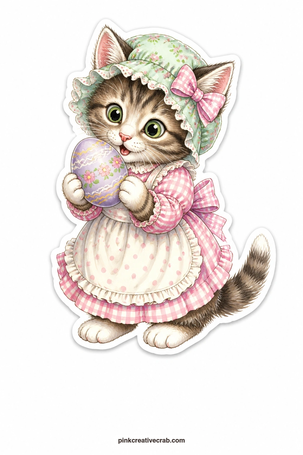 The Curious Bonnet Kitten printable page — Head cocked and eyes wide with curiosity, this kitten in a bonnet turns a decorated egg over in its paws as if