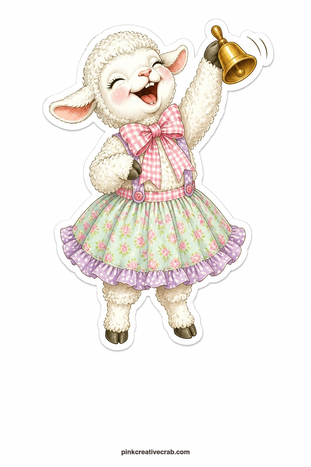 The Giggling Bell Lamb printable page — This lamb in a ribbon collar giggles mid ring of a little bell held overhead, a lively doll for a card announcing a