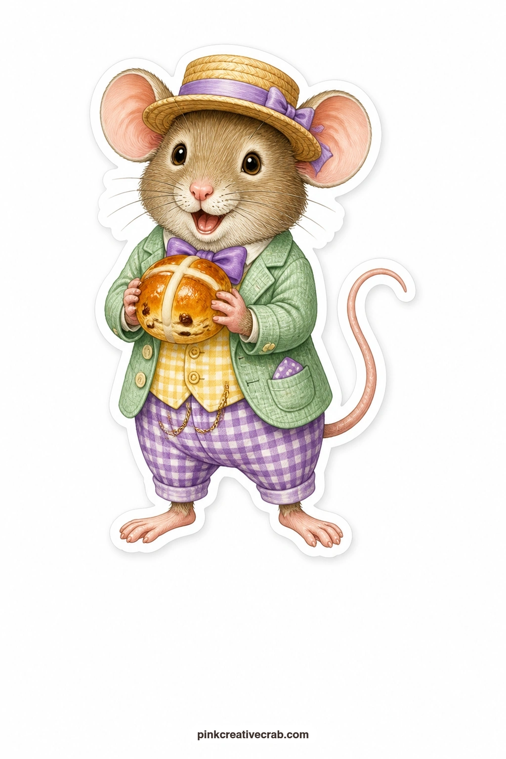 The Proud Hot Cross Bun Mouse printable page — Chest out and whiskers high, this mouse in a straw hat holds a hot cross bun like a prize, a sweet tag idea for