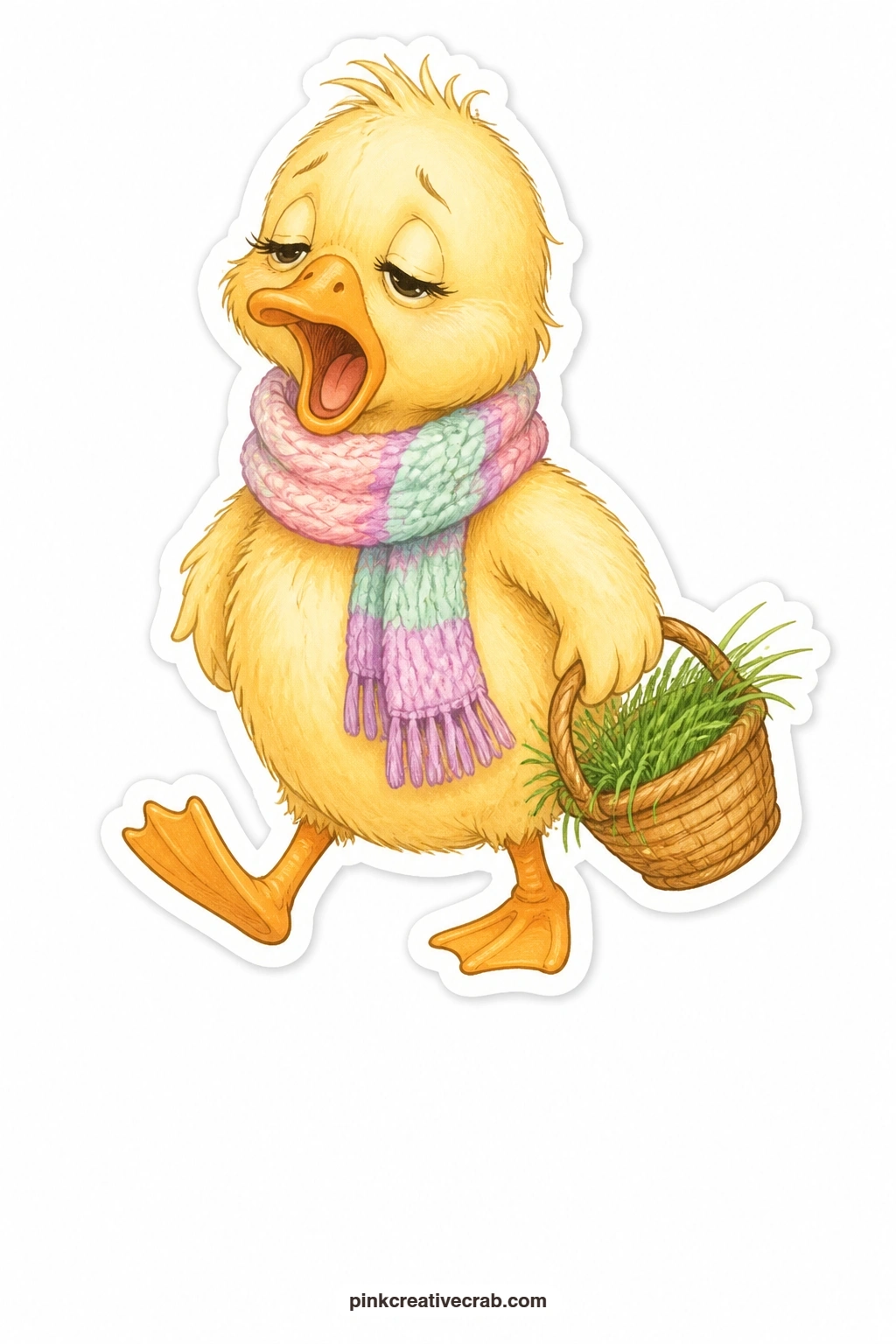 The Sleepy Scarf Duck printable page — Eyelids drooping and basket tipped slightly to one side, this duck in a pastel scarf carries spring grass home after