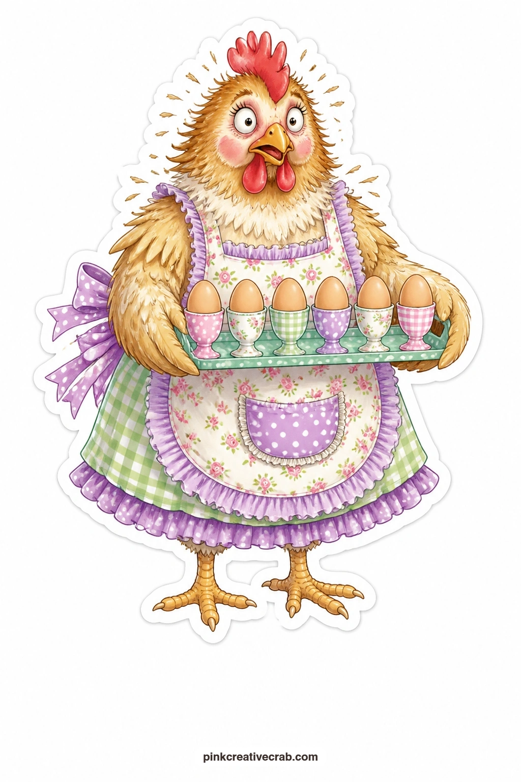 The Flustered Apron Hen printable page — Feathers slightly ruffled and eyes wide, this flustered hen in an apron balances a tray of egg cups as if she has just