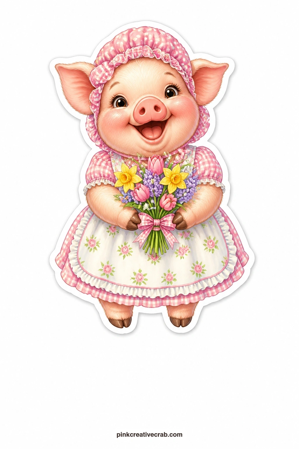 The Delighted Posy Piglet printable page — Cheeks pink and grinning wide, this piglet in a pink bonnet holds a small posy of spring flowers tied with ribbon, a