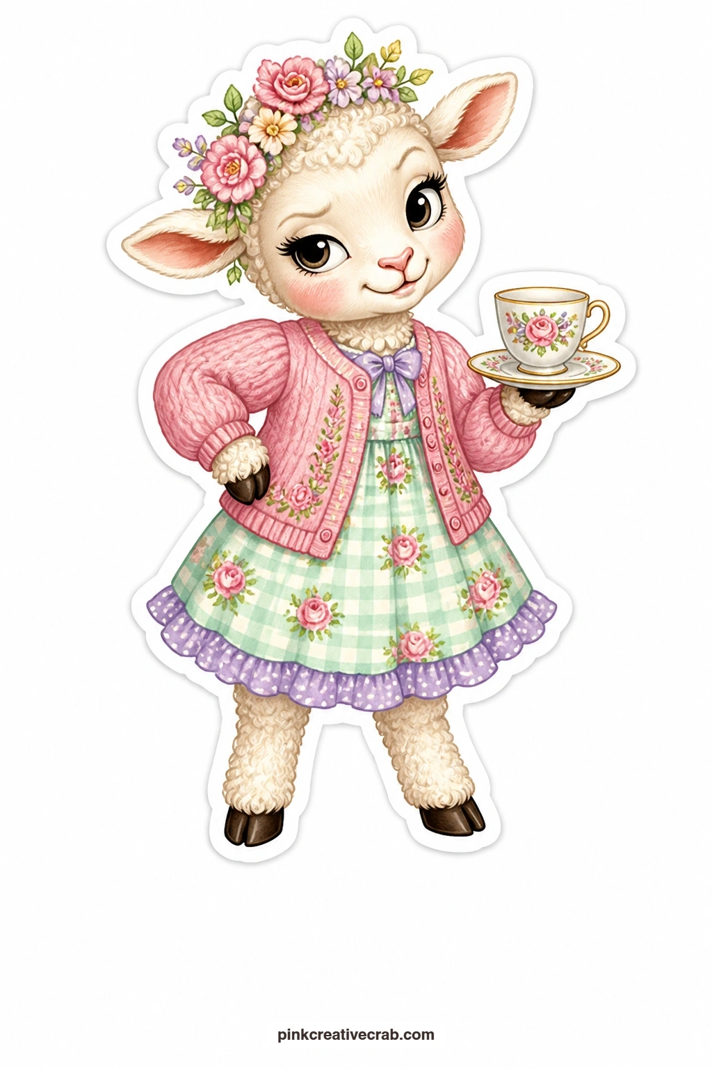 The Sassy Teacup Lamb printable page — One hoof on her hip and a flower crown tilted just so, this sassy lamb in a cardigan sips from a teacup as if she owns