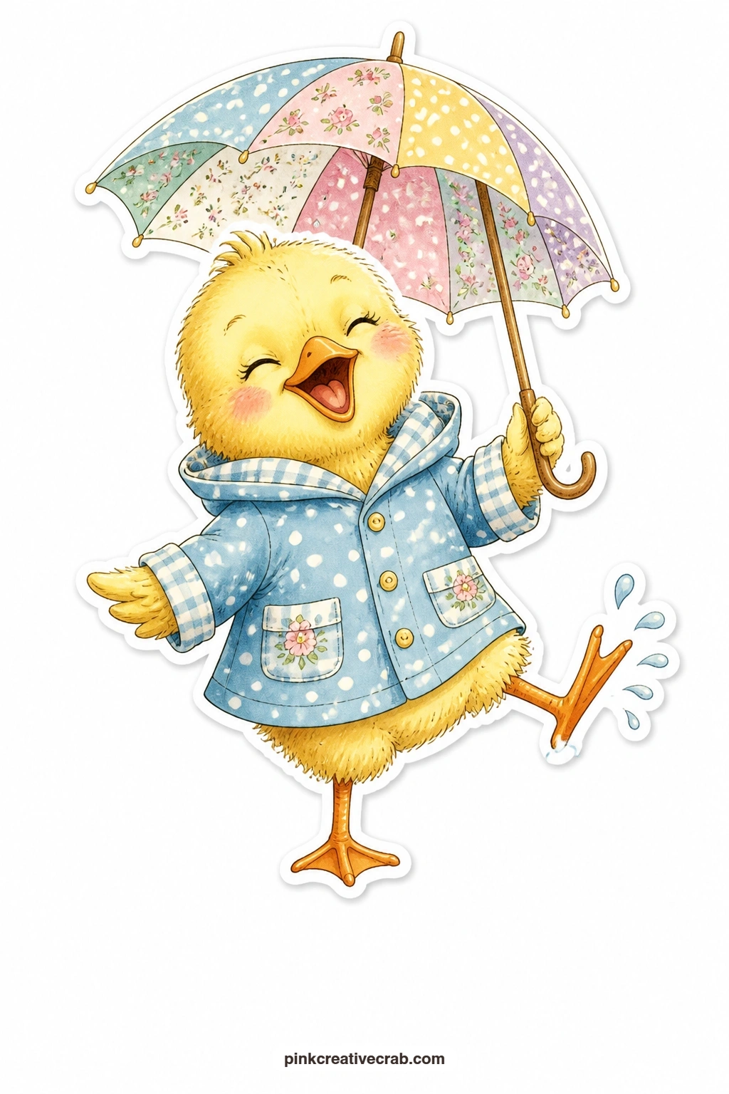 The Laughing Umbrella Chick printable page — A small chick in a blue raincoat laughs under an open umbrella, splashing through an imaginary puddle, a cheerful