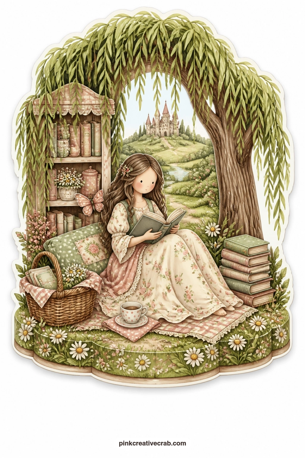 The Willow Reading Nook printable page — Picture this one tucked under a willow tree, a young woman settled against the trunk with a book open on her knees and