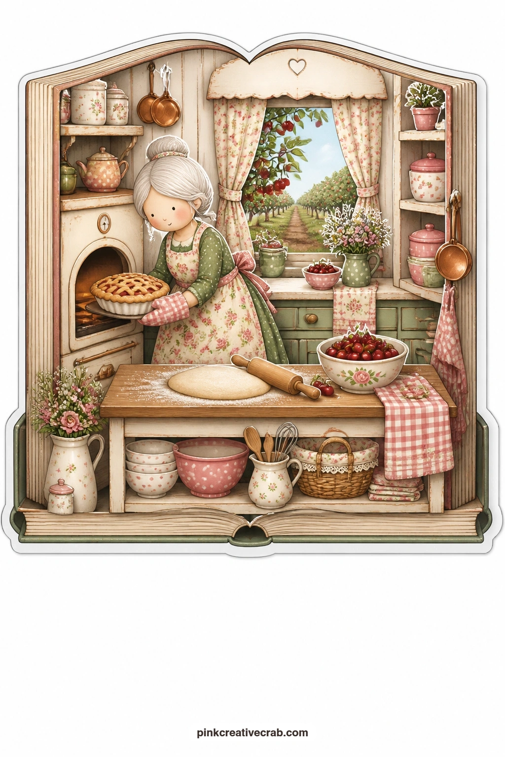 The Cherry Pie Kitchen printable page — An open recipe book holds a farmhouse kitchen where an elderly woman slides a cherry pie from the oven, flour dusting