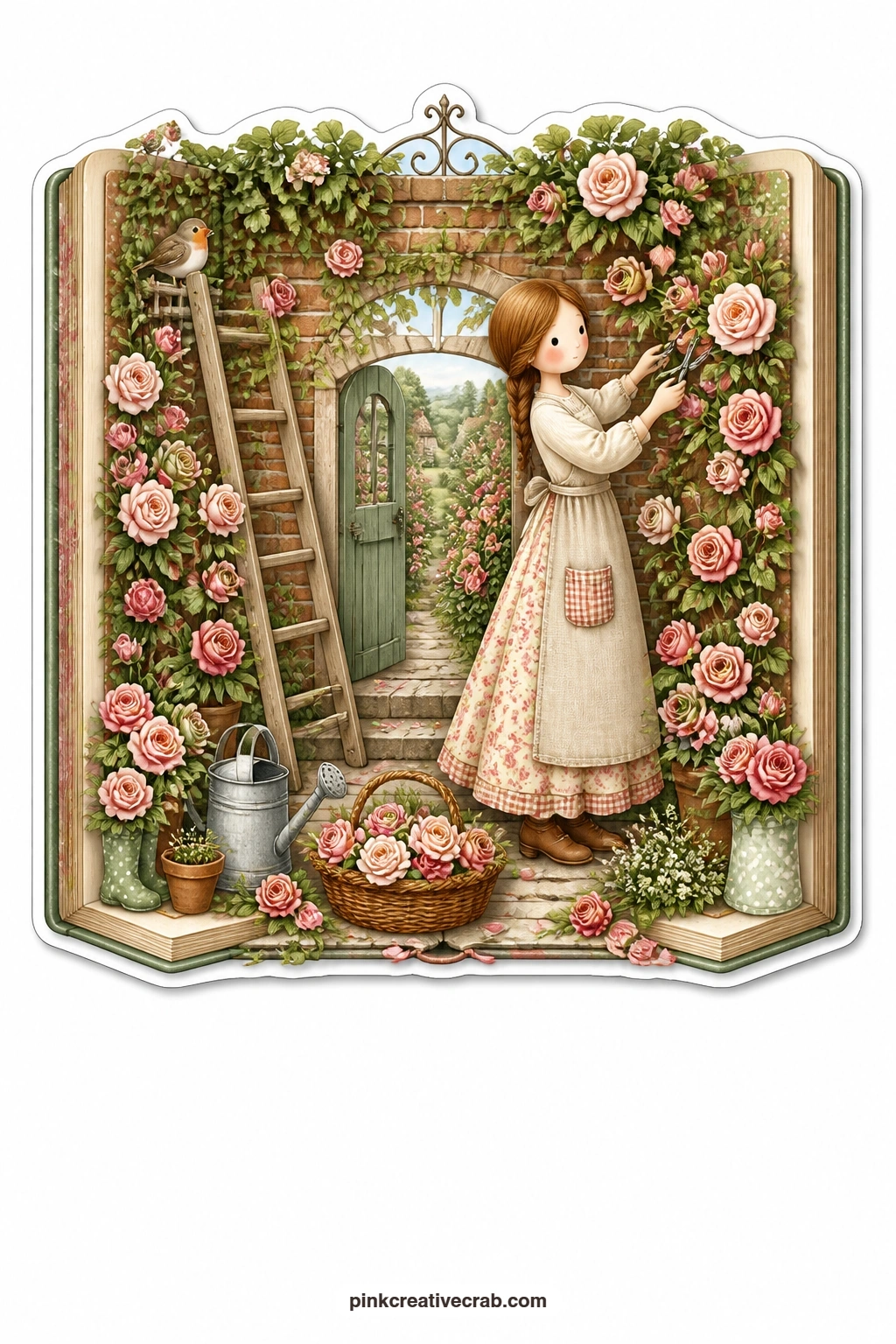 The Rose Garden Wall printable page — Secateurs in hand, a young woman prunes climbing roses along a brick wall, her basket already half full of cut stems and