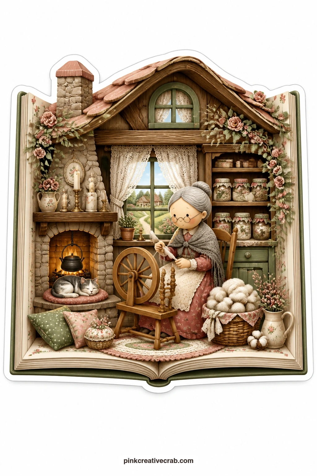 The Spinning Wheel Cottage printable page — Settled by the fire, an elderly woman works a spinning wheel in a cosy cottage room, wool piling softly at her feet