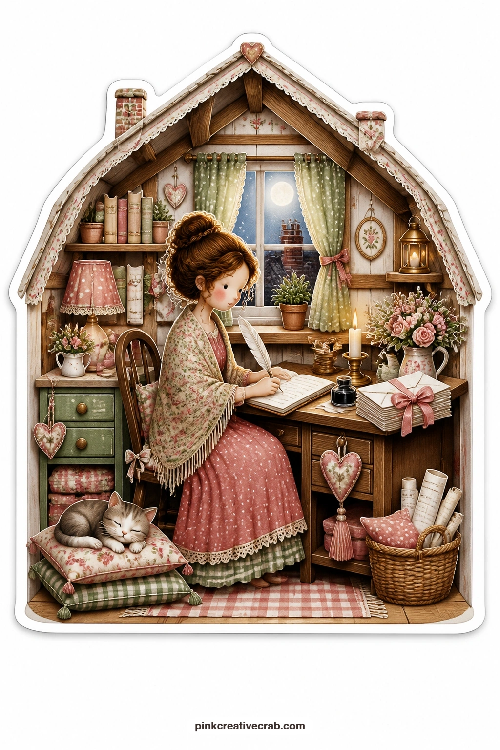 The Candlelit Attic Desk printable page — Quill in hand, a young woman writes by candlelight at a small attic desk, chimney pots and a pale moon rising behind