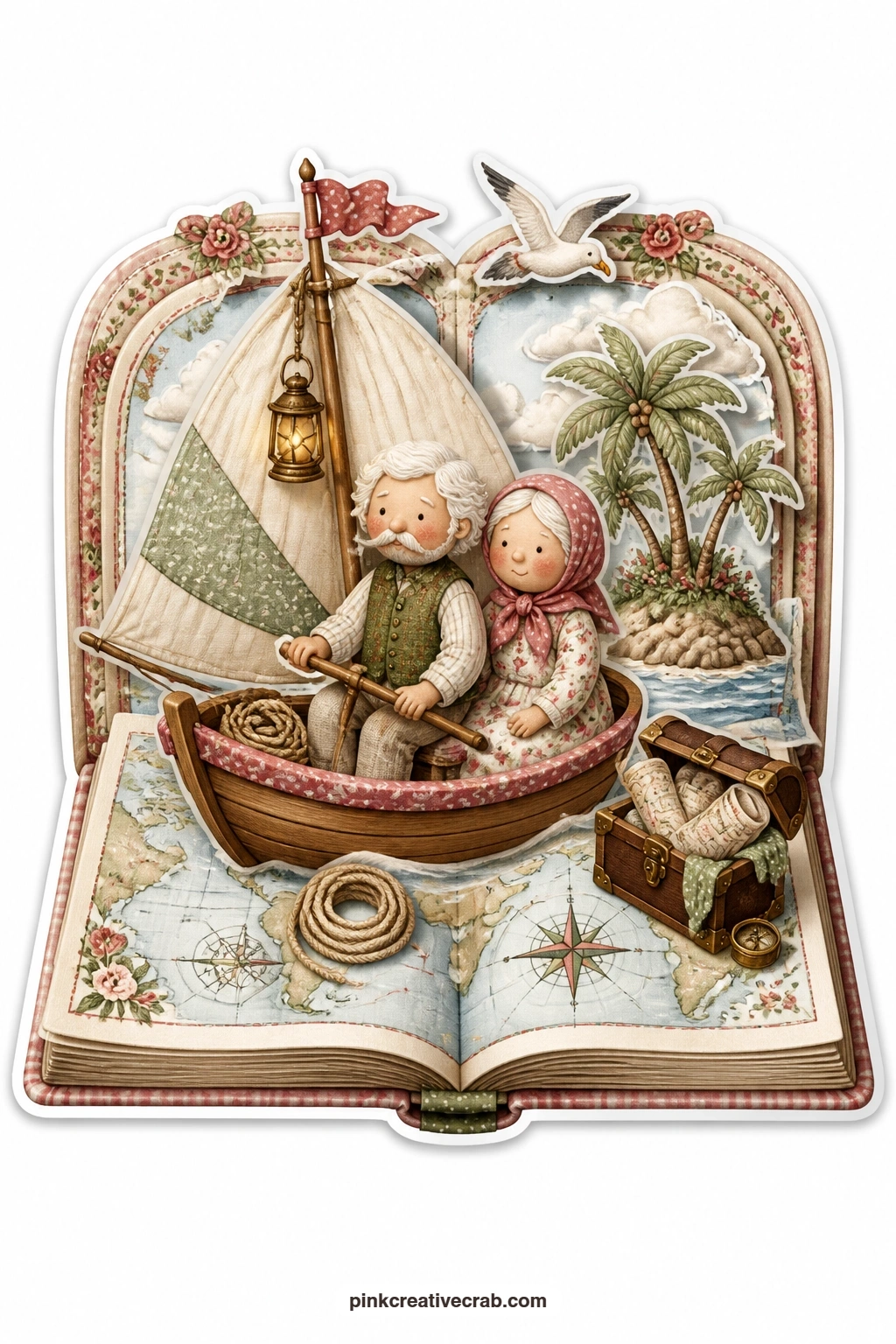 The Atlas Sailing Page printable page — An elderly couple sail a little painted boat right across the open pages of an atlas, a palm island waiting in the