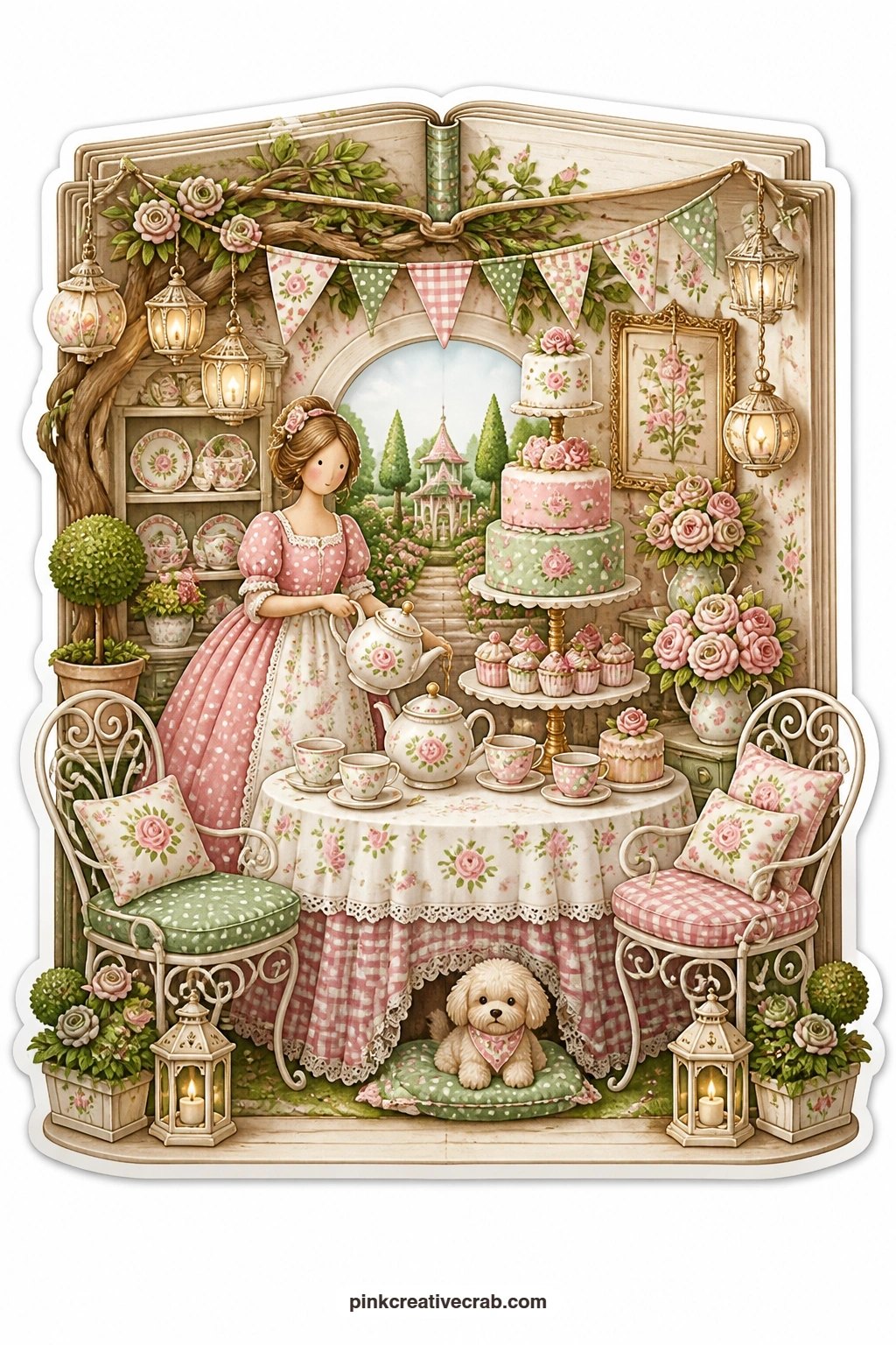 The Whimsical Tea Party printable page — Towering cakes crowd the table as a young woman pours tea for guests who have not quite arrived yet, a topiary garden