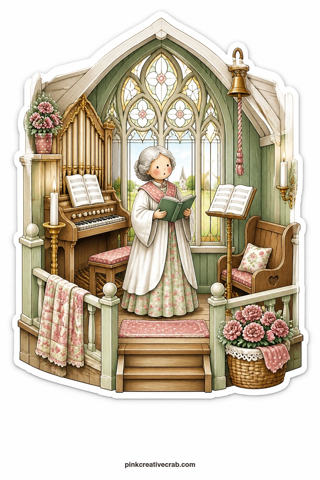 The Chapel Choir Loft printable page — Robed and candlelit, an elderly woman sings in a small chapel choir, stained glass glowing behind the arched window.
