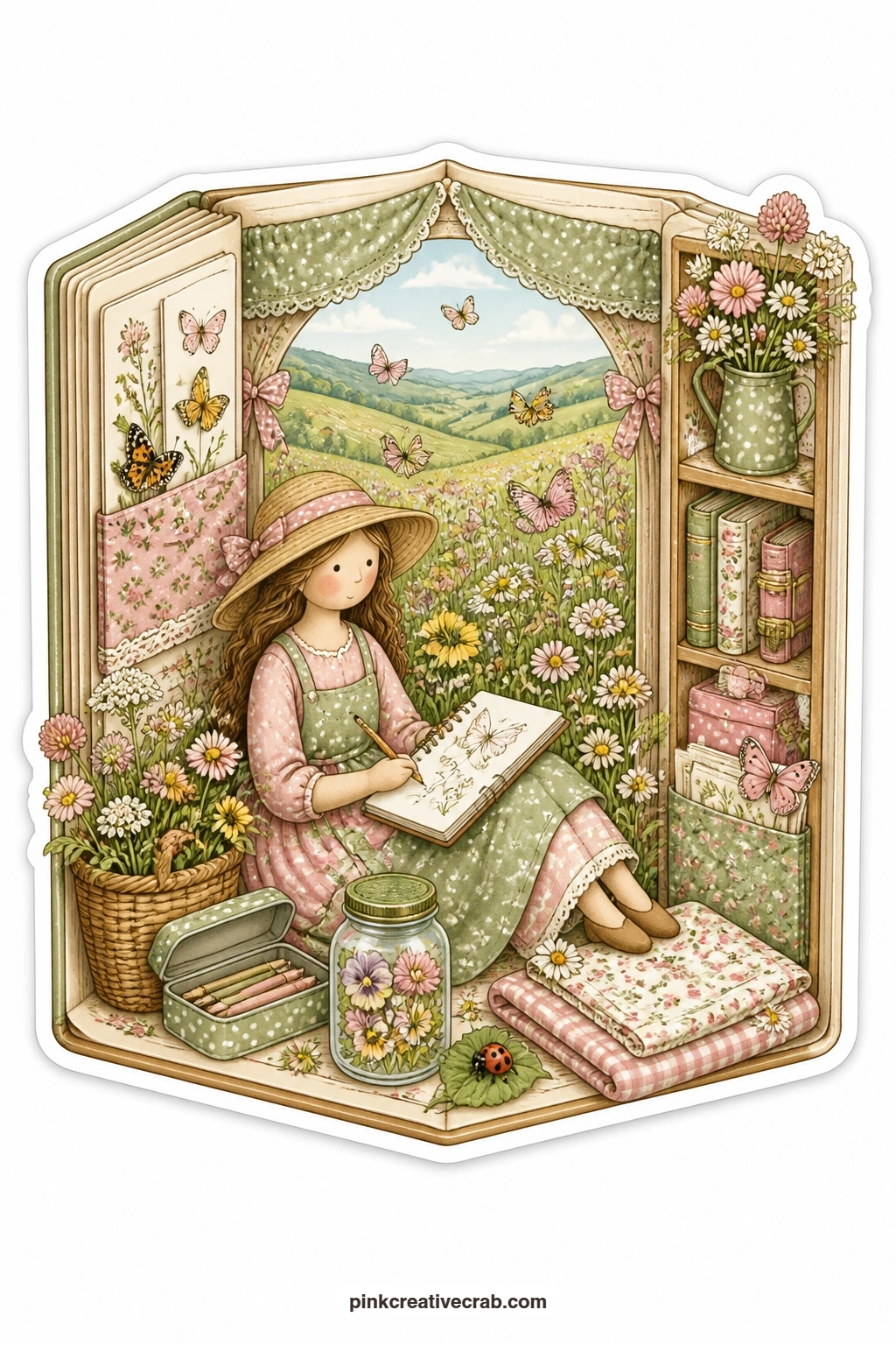 The Butterfly Hillside Sketch printable page — Pencil in hand, a young woman sketches butterflies settled on wildflowers along a hillside, a valley of blooms