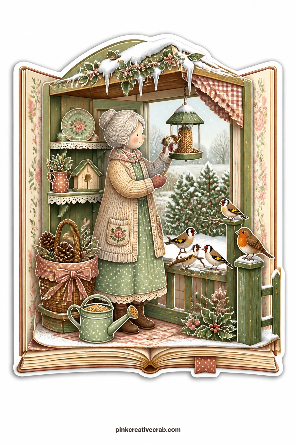 The Finch Feeder Window printable page — Scattering seed into a feeder, an elderly woman tends a flock of small finches just outside a frosted window, a snowy