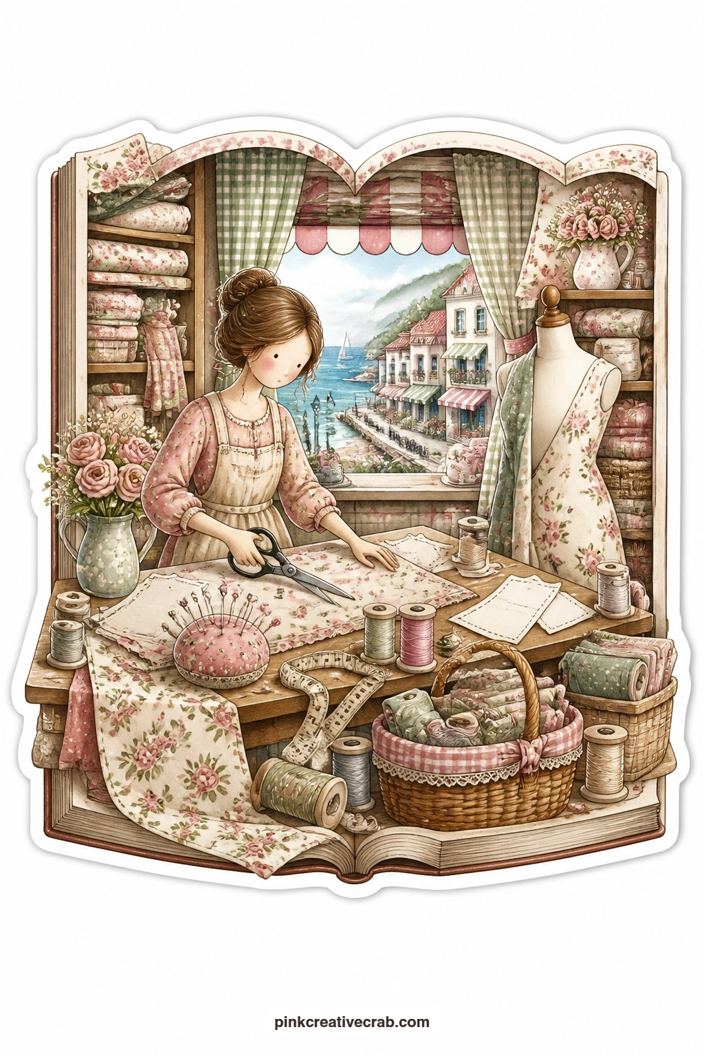 The Seaside Sewing Table printable page — Scissors mid-cut, a young woman works fabric at a sewing table beside a dress form, a little seaside town laid out