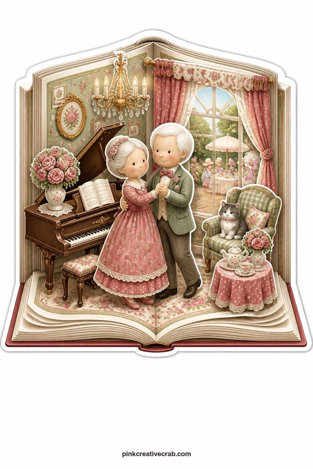 The Piano Waltz Evening printable page — Beside an open piano, an elderly couple take a slow turn around the small room, a garden party glimpsed through the