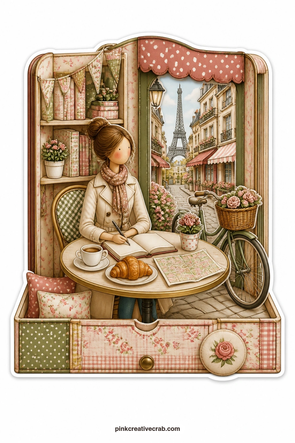 The Cafe Table Diary printable page — Coffee cup in hand, a young woman pauses at a small cafe table, a street of striped awnings and a distant tower sketched