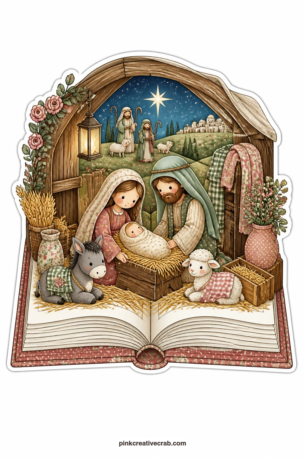 The Manger At Rest printable page — Blank pages fall open to reveal the holy family resting quietly at the manger, shepherds gathered on a starry hill behind