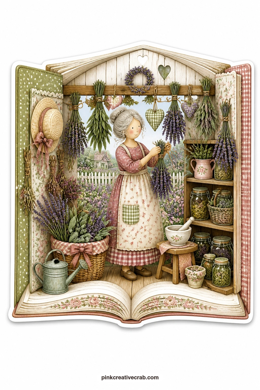 The Lavender Drying Rack printable page — Bundles of lavender and sage hang drying from a low beam as an elderly woman ties off another sprig, a herb garden